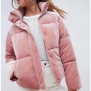 Asos Ultimate Puffer Coat Velvet Pink Trendy Jacket Winter Crop Cozy Womens Sz 6